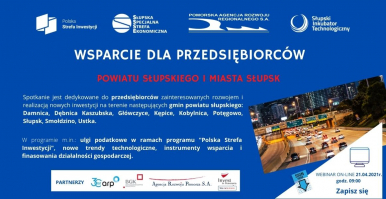 Plansza promująca webinar dla przedsiębiorców z regionu słupskiego